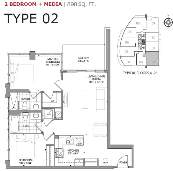 Two bedroom, two bathroom apartment layout at Cityview Apartments in Brampton, ON