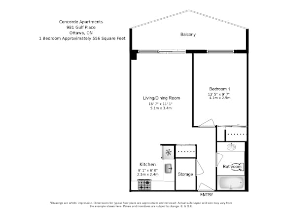 One bedroom, one bathroom apartment layout at Concorde Apartments in Ottawa, ON