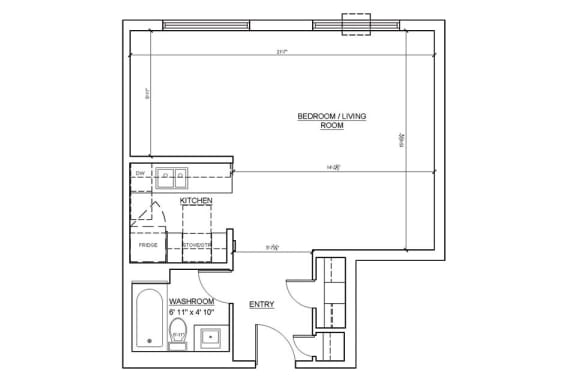 Floor Plan  Bachelor studio apartment floor plan at Fairway Towers in Sarnia
