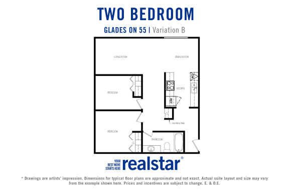 Glades on 55 apartments two bedroom, one bathroom variation B