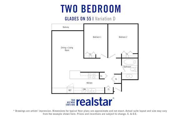 Glades on 55 apartments two bedroom, one bathroom variation D