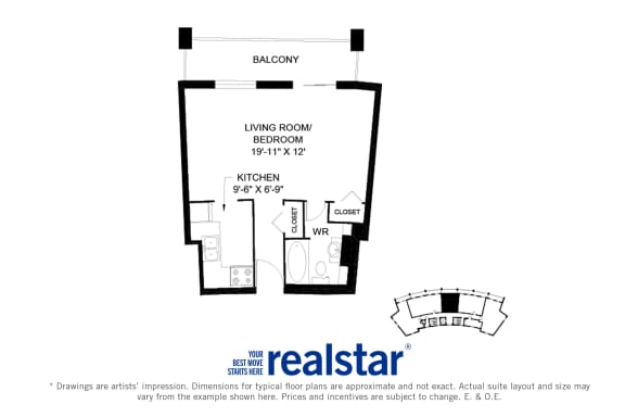 Harbourview Apartments bachelor layout variation A in Oakville, ON