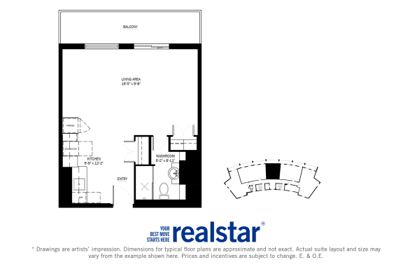 Harbourview Apartments bachelor floorplan variation C in Oakville, ON