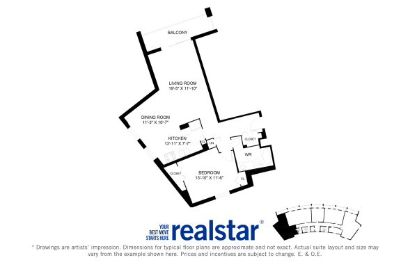 Harbourview Apartments 1-bedroom, 1-bath layout variation B in Oakville, ON