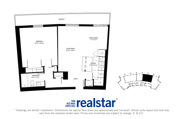 Harbourview Apartments 1-bedroom, 1-bath layout variation C in Oakville, ON