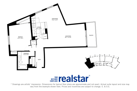 Harbourview Apartments 1-bedroom, 1-bath layout variation D in Oakville, ON