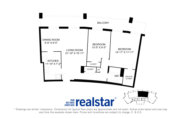 Harbourview Apartments 2-bedroom, 1-bath layout variation B in Oakville, ON