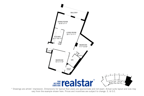 Harbourview Apartments 2-bedroom, 1-bath layout variation C in Oakville, ON