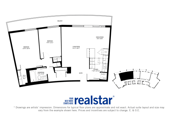 Harbourview Apartments 2-bedroom, 1-bath layout variation E in Oakville, ON