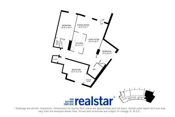 Harbourview Apartments 3-bedroom, 1-bath layout variation A in Oakville, ON