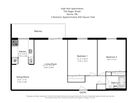 Two bedroom, one bathroom apartment layout at High Park Apartments in Sarnia, ON