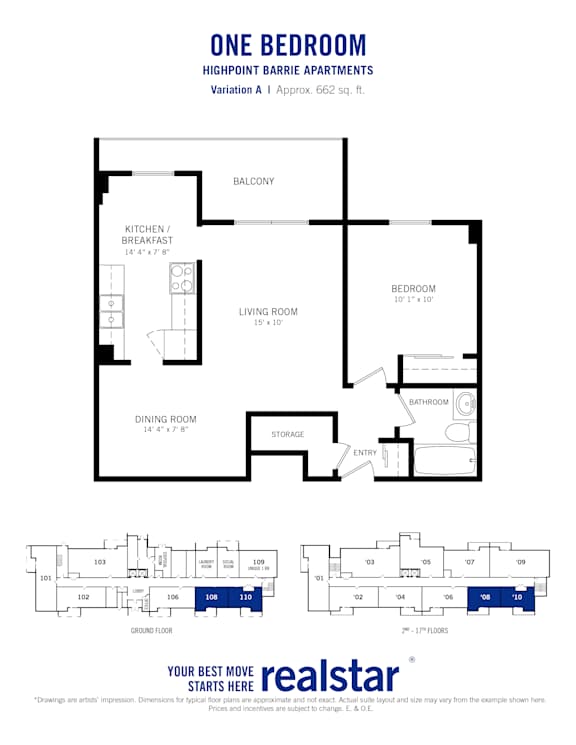 1 bedroom 1 bathroom variation A standard floor plan at Highpoint-Barrie Apartments
