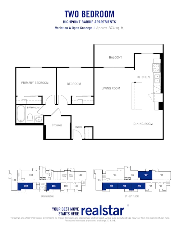 Floor plan for a 2 bedroom 1 bathroom variation A open concept layout at Highpoint-Barrie Apartments