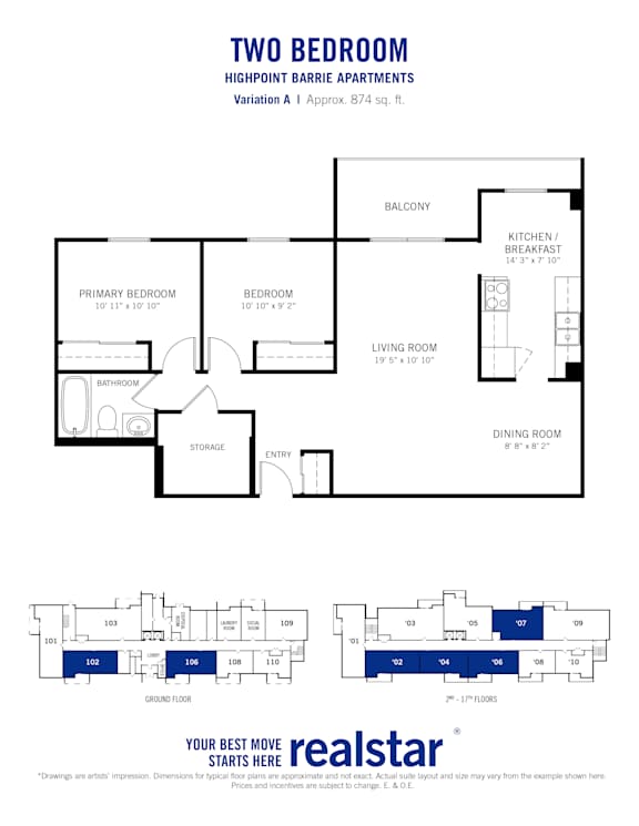 A floor plan for a two bedroom 1 bathroom variation A standard apartment at Highpoint-Barrie Apartments