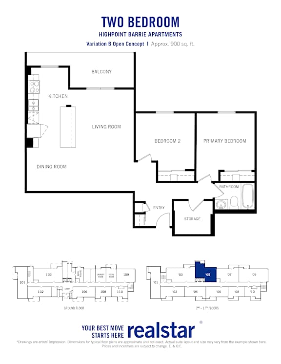 Floor plan for a 2 bedroom 1 bathroom variation B open concept layout for Highpoint-Barrie Apartments