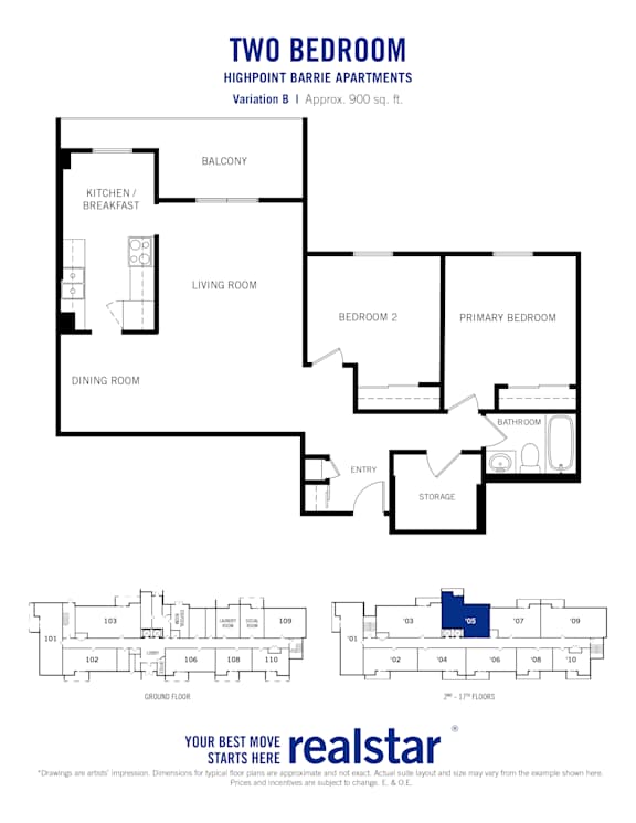 Floor plan for a 2 bedroom 1 bathroom variation B standard layout for Highpoint-Barrie Apartments