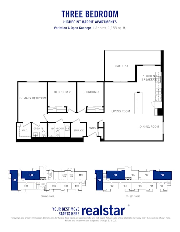 Floor plan for a 3 bedroom 1.5 bathroom variation A open concept layout for Highpoint-Barrie Apartments