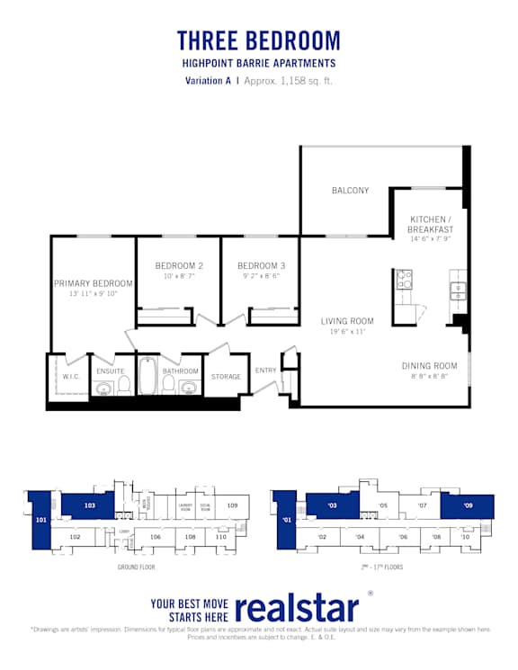 Floor plan for a 3 bedroom 1.5 bathroom variation A layout for Highpoint-Barrie Apartments