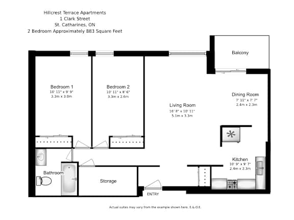A floor plan for Hillcrest Terrace Apartments shows two bedrooms, a living room, a dining room, a kitchen, a bathroom, storage, and a balcony.