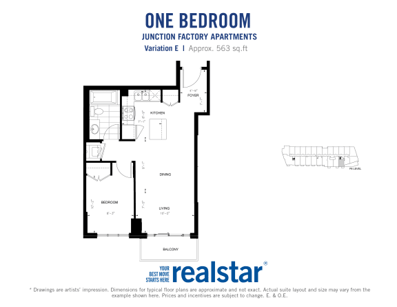 One bedroom, one bathroom apartment layout at Junction Factory Apartments in Toronto, ON