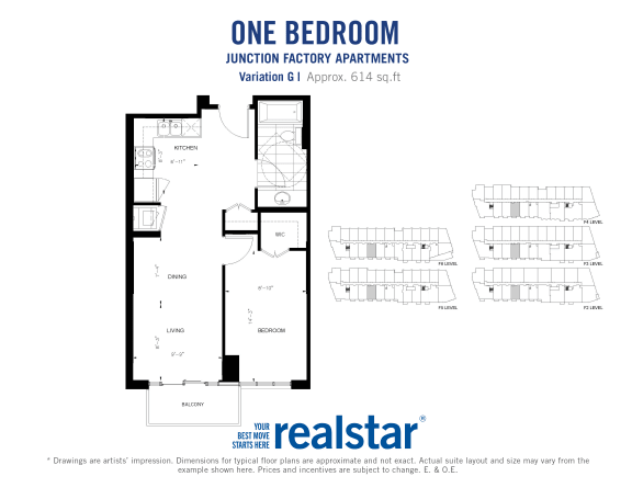 One bedroom, one bathroom apartment layout at Junction Factory Apartments in Toronto, ON