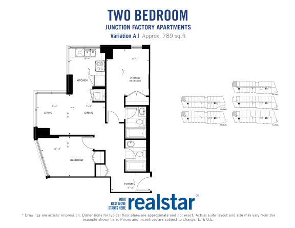 Two bedroom, Two bathroom apartment layout at Junction Factory Apartments in Toronto, ON