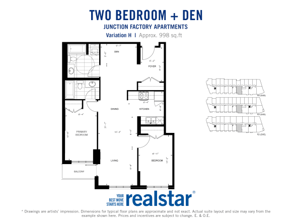 Two bedroom plus den, Two bathroom apartment layout at Junction Factory Apartments in Toronto, ON