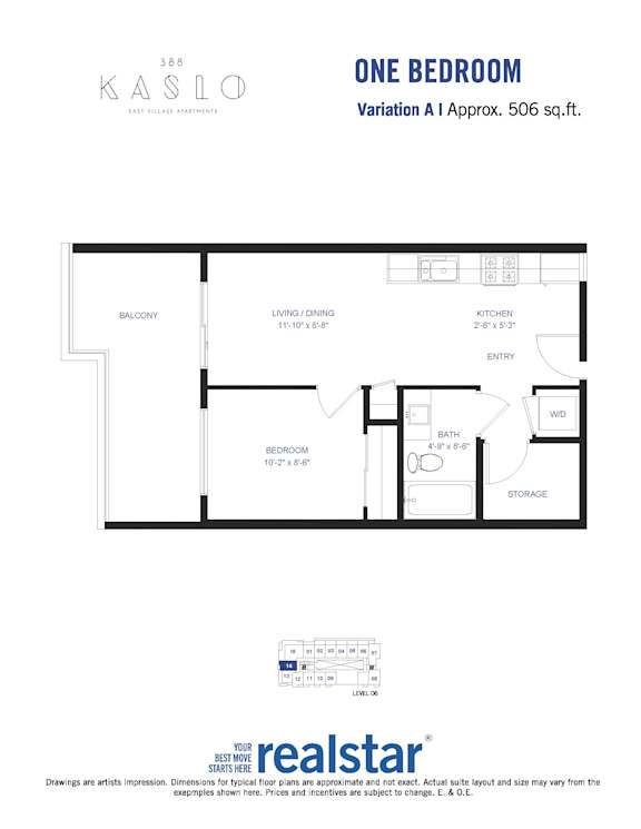 A floor plan for a one bedroom apartment at Kaslo.