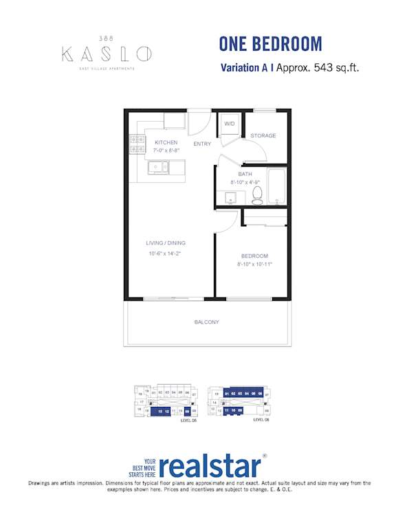 A floor plan for a one bedroom apartment at Kaslo.