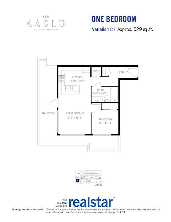 A floor plan for a one bedroom apartment at Kaslo East Village.