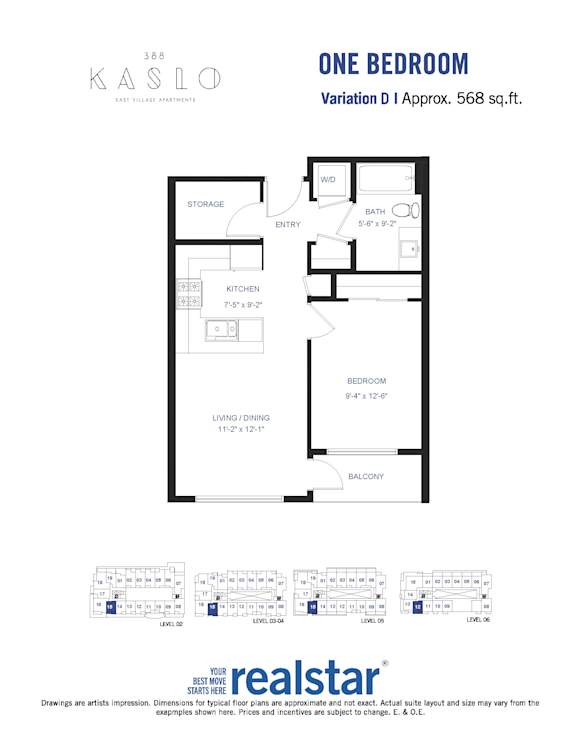 A floor plan for a one bedroom apartment at Kaslo.