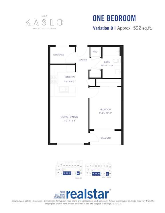 A floor plan for a one bedroom apartment at Kaslo.