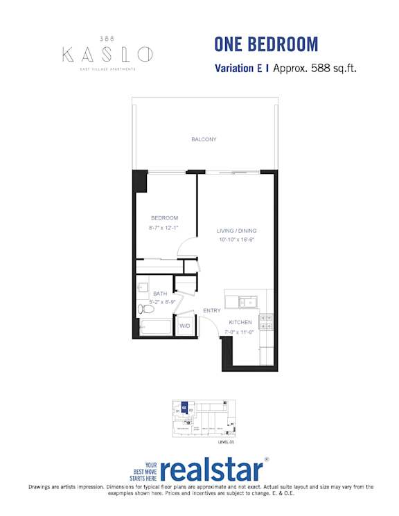 A floor plan for a one bedroom apartment at Kaslo.