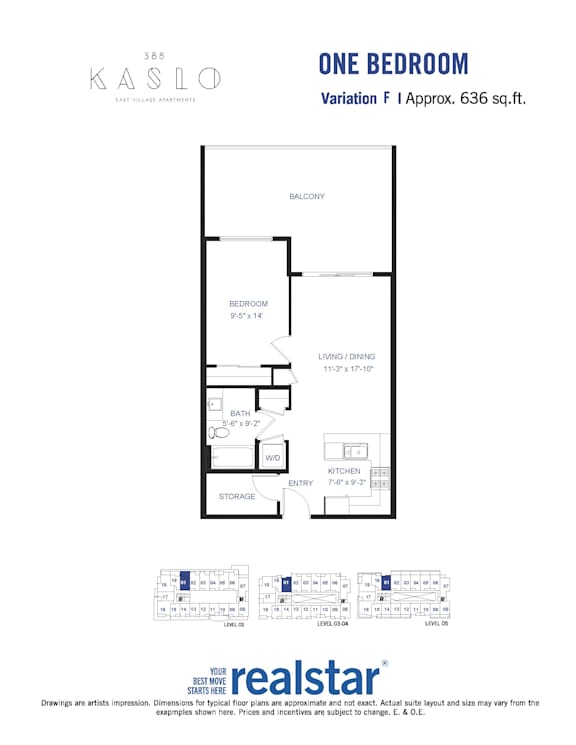A floor plan for a one bedroom apartment at Kaslo.