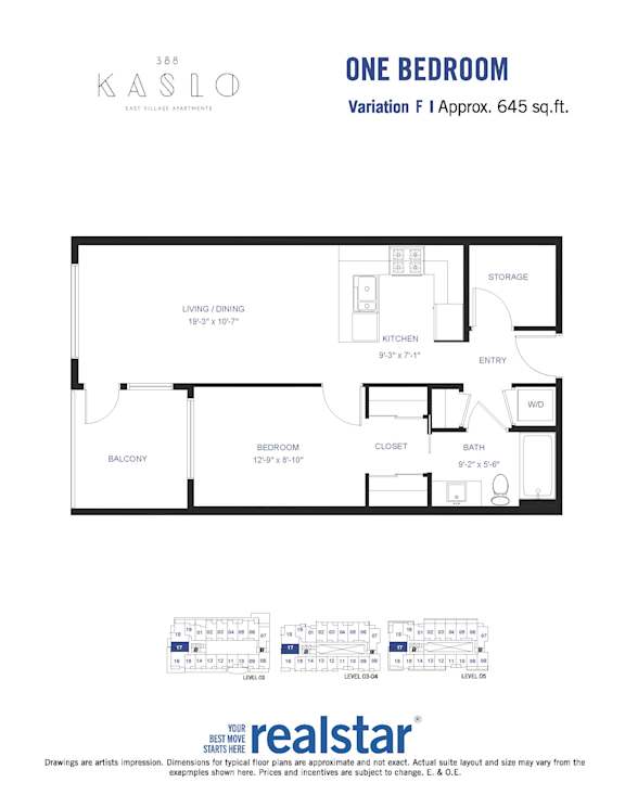 A floor plan for a one bedroom apartment at Kaslo.