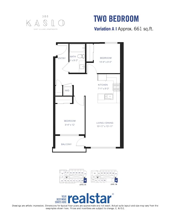 A floor plan for a two-bedroom apartment at Kaslo East Village.