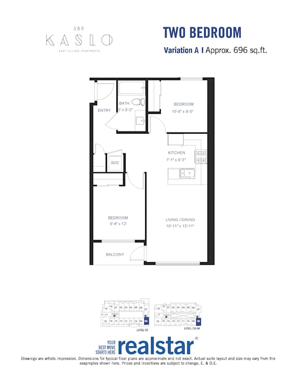 A floor plan for a two-bedroom apartment at Kaslo East Village.