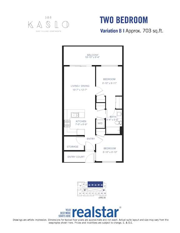 A floor plan for a two-bedroom apartment at Kaslo East Village.