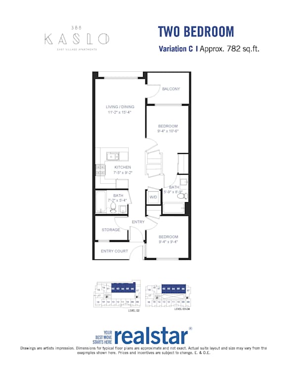 A floor plan for a two bedroom apartment at Kaslo.