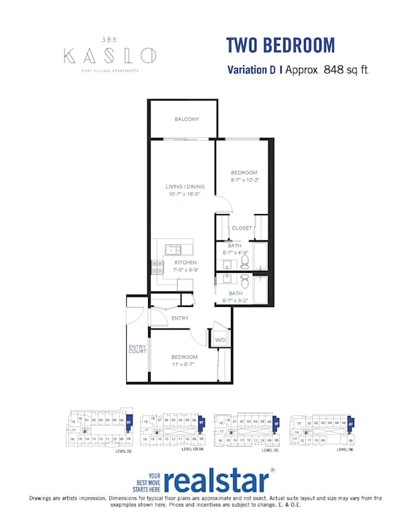 A floor plan for a two-bedroom, two-bathroom apartment at Kaslo East Village.