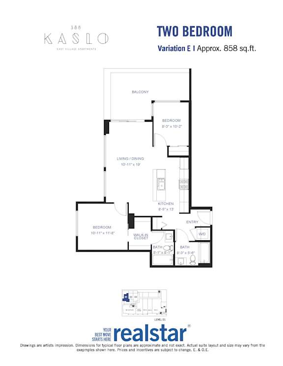 A floor plan for a two-bedroom, two-bathroom apartment at Kaslo East Village.
