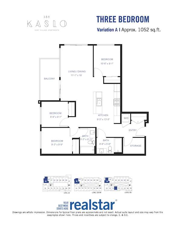 A floor plan for a three-bedroom apartment at Kaslo East Village.