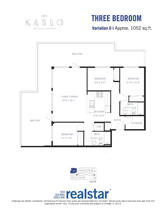 A floor plan for a three-bedroom apartment at Kaslo East Village.