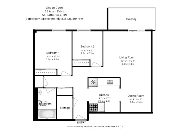 A floor plan of a two bedroom apartment with a living room, dining room, kitchen and bathroom.