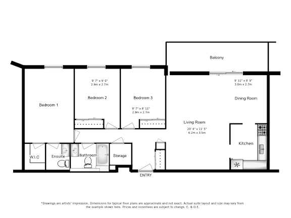 Three bedroom, one bathroom apartment layout at Lorneville Apartments in Cornwall, ON.