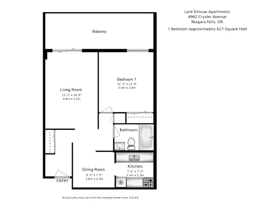 A floor plan of a one bedroom apartment.