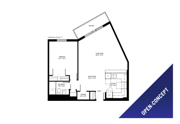 One bedroom, one bathroom open-concept apartment layout at Lorneville Apartments in Cornwall, ON