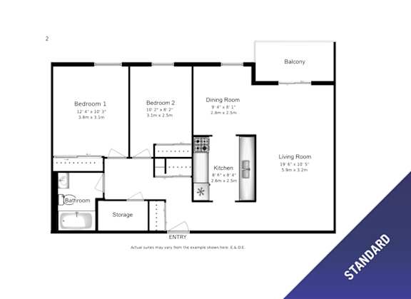 A floor plan of a house with a living room, two bedrooms, a dining room, kitchen, bathroom, and storage.