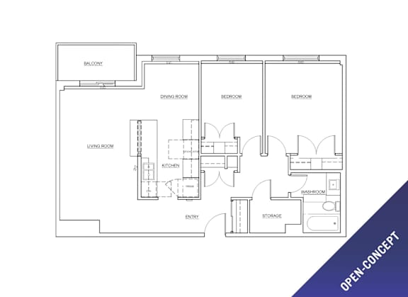 A floor plan of an open concept living space with labeled rooms.
