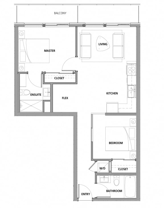 Two bedroom, two bathroom apartment layout at Lynn Creek Apartments in North Vancouver, BC